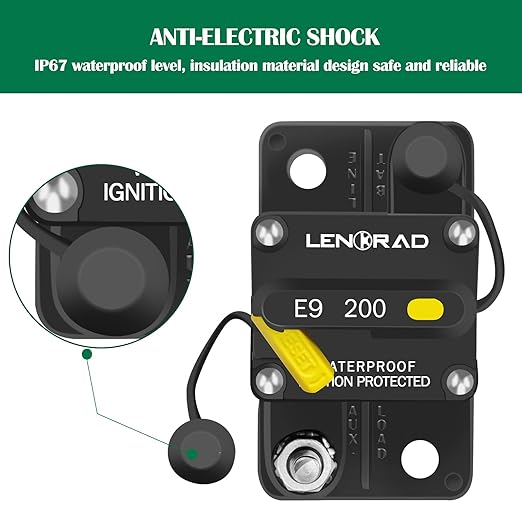 LENKRAD 200amp Marine Circuit Breaker Resettable 200A with Manual Reset Switch Button for Boat Trolling RV Yacht, 12V - 48V DC, Waterproof, Surface Mount(200 Amp Boat Circuit Breaker)