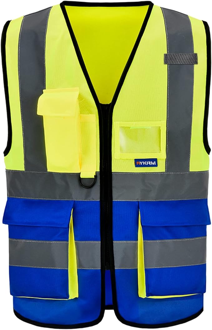 XSMALL High Visibility REFLECTIVE WORK Yellow Blue Safety Vest with zipper Reflective Strips 7 Pockets