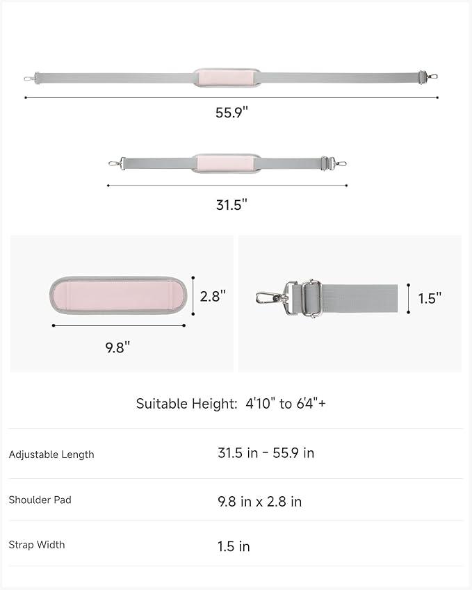 LUGGEX 56 Inch Shoulder Strap, SS01 Adjustable Replacement Belt with Padded Metal Hooks for Crossbody Duffel Messenger Sleeve Bag Brifcase, (SS01-Core, Pink)