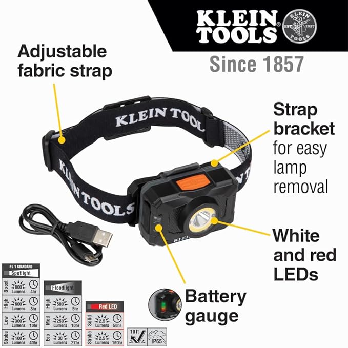 Klein Tools 56414 Rechargeable 2-Color LED Headlamp, Fabric Strap, Spotlight, Floodlight, Red LED, 800 Lumens, USB Cable, Camping, Running