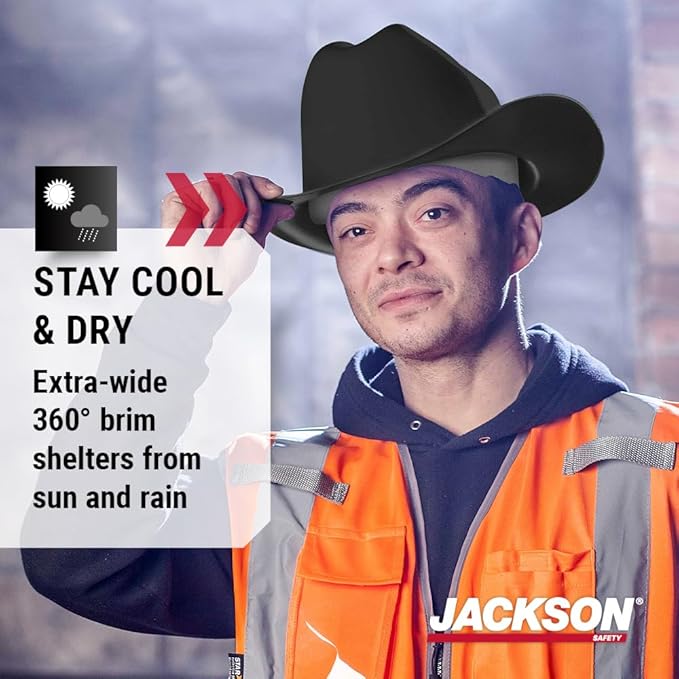 Jackson Safety Cowboy Hard Hat - Non-Vented, Full Brim, 4-Point Ratchet Suspension Safety Helmet for Men & Women - ANSI Z89.1 Class E & OSHA Compliant - Made in USA
