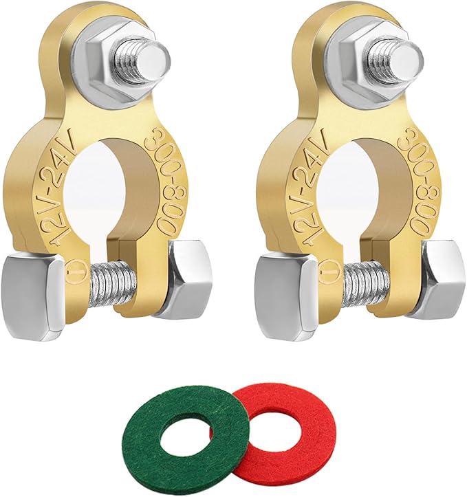 Tnisesm Brass Battery Terminal Connectors with Anti-Corrosion, Battery Terminals M8 x 16mm Bolt, Top Post Battery Terminals Clamp Set for Marine Car Boat RV Vehicles