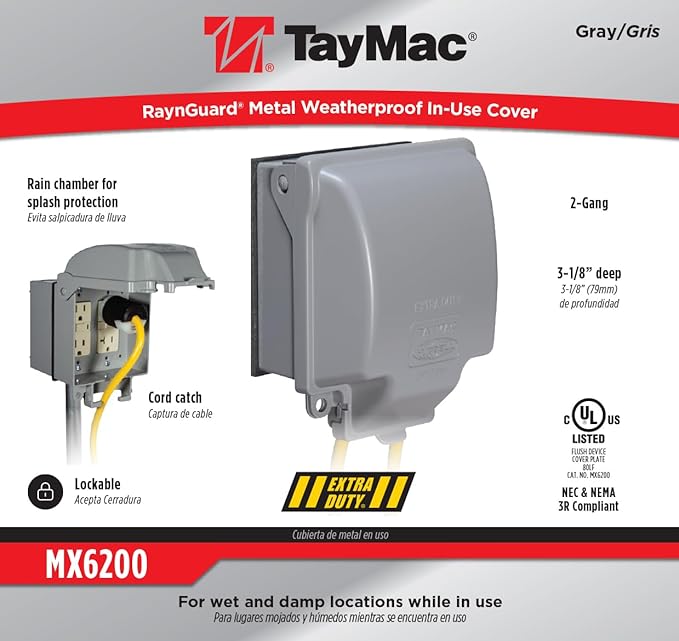 TayMac MX6200 RaynGuard Extra Duty Metal Weatherproof in-Use Cover, 2-Gang, Gray