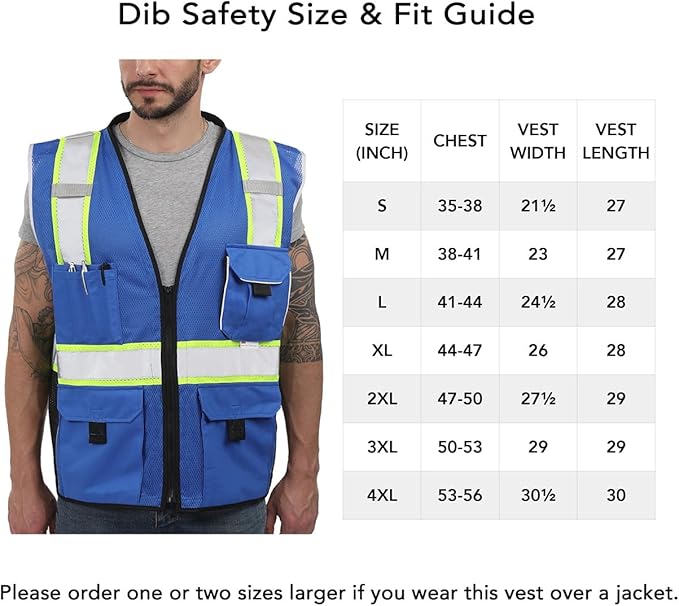 Dib Safety Reflective Vest Blue Mesh, High Visibility Vest with Pockets and Zipper, Heavy Duty, Made with 3M Reflective Tape, XL