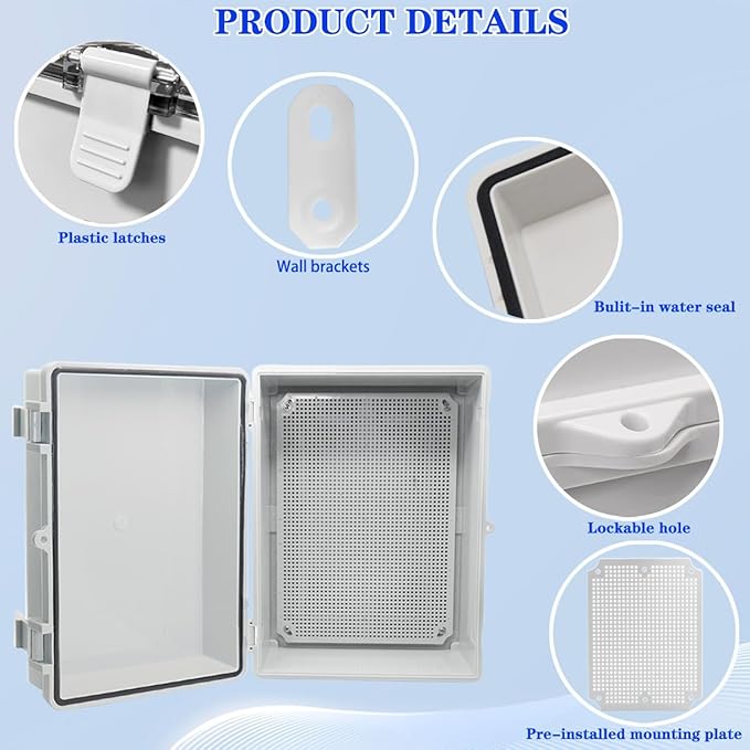Waterproof Electrical Box with Mounting Plate 390x290x160mm, IP67 Junction Box Hinged Grey Cover ABS Project Boxes for Electronics DIY Enclosure with Wall Bracket and 2 Glands