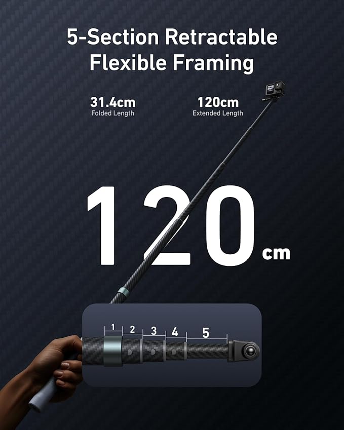 TELESIN Selfie Stick Long Pole Invisible for GoPro (120cm/47.2in), Carbon Fiber Waterproof Extension Monopod for GoPro 13 12 11 10 DJI Osmo Nano Action 6 5 Pro 4 Pocket 3 Insta360 X5 X4 GO3 Ace Pro 2