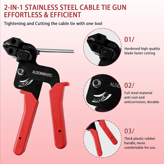 Metal Zip Tie Tool 300PCS (100 Each: 7.8/12/15.7 Inch) Stainless Steel Cable Tie Gun Kit | Self-Locking Fastening & Cutting Tool Metal Zip Tie Gun for Fencing, Exhaust Pipes, Automotive (Red)