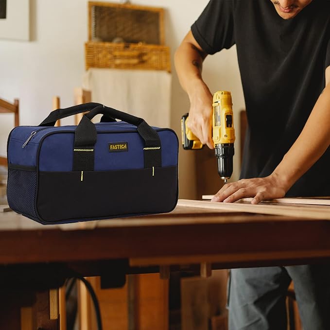 FASTECH 14 Inch Small Tool Tote Bag, Wide Mouth Tool Tote Bag, Waterproof Tool Organizer Bag, Multi-Pockets Wide Mouth Tool Tote For Man/Woman (Blue)