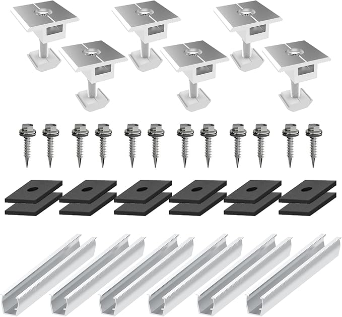 Solar Panel Roof Bracket Aluminium Solar Panel Mounting Rails Roof Rail Clamps PV Solar Mounting Rail Connector Installation Kit for Tin Roof, Flat Roof, Sheet Roof (6 x 200mm Rail + 6 x 30mm Clamp)