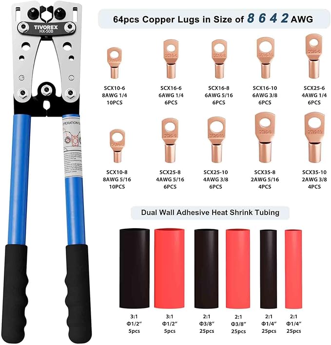 Battery Cable Lug Crimping Tool Kit for AWG 10-1/0 Electrical Lug Crimper with 64pcs Ring Terminals and 110pcs Heat Shrink Tubing