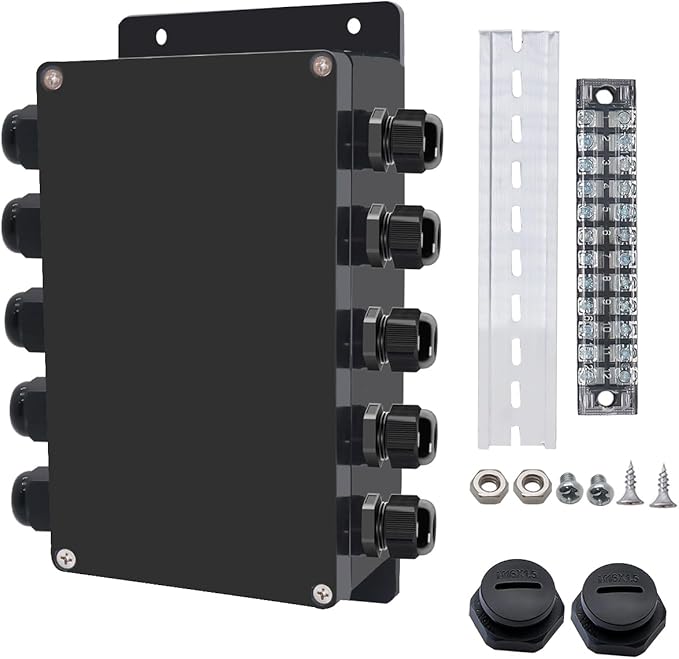 Project BoxI P67 Outdoor Waterproof box Electronic Junction Box with 15A 600V Barrier Terminal 5IN/5Out Electrical Boxes 7.9x4.7x3 inch