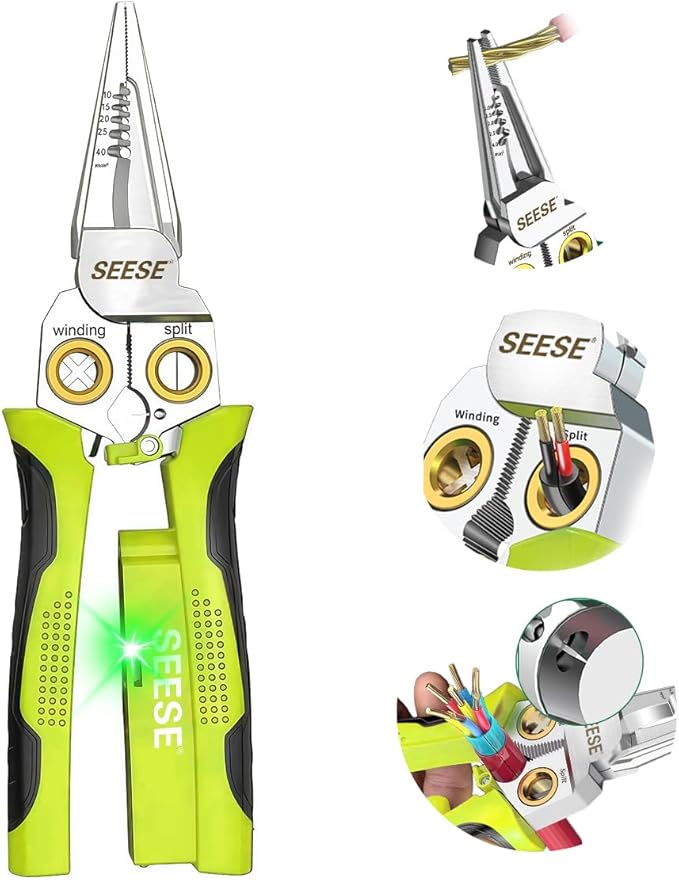 8-in-1 Wire Stripper for Electrician: Needle Nose Pliers with Voltage Tester & Dual Alarms - Electrical Pliers for Cutting Wires, Pulling Wires and Crimp Wires