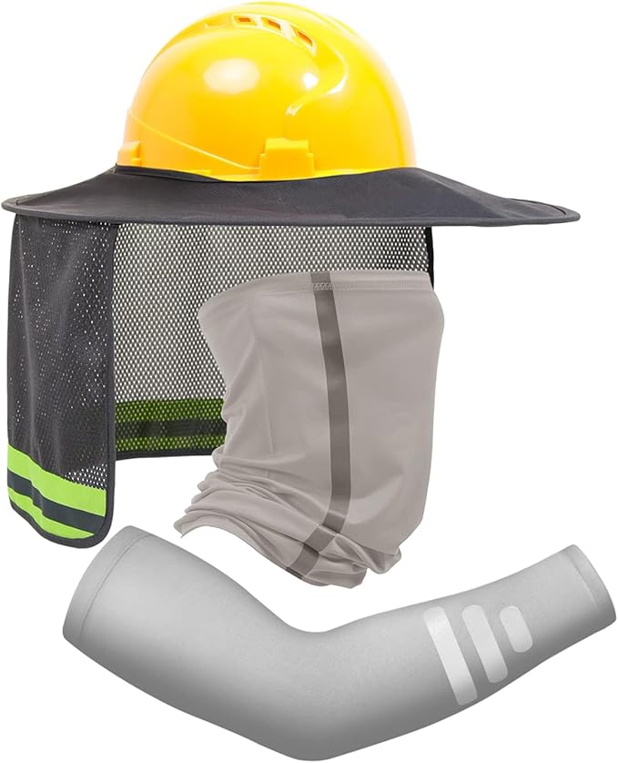 TCCFCCT Hard Hat Sun Shade, Full Brim High Visibility Hard Hat Sun Visor Neck shield and Bandana Face Scarf with Construction Arm Sleeves, Hard Hat Accessories, Hard Hat Not Included, 3 Packs, Grey