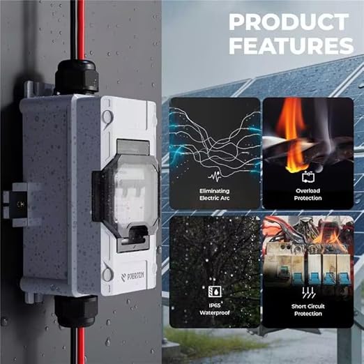 Solar Panel Disconnect Switch 10-60A 400V Solar Disconnect Switch Outdoor PV Isolator Upgraded Cover Visual Design Waterproof Circuit Breaker Box for RV Home Battery Off-Grid(400VDCAC, 50 Amp)