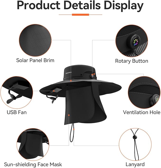 Solar Powered Fan Hat, UPF 50+ Wide Brim Sun Hat, Dual USB-A/USB-C Ports, Fishing Hat with Face Cover, Foldable Fan Hats for Men Women for Outdoor, Hiking, Travel, Mountain Climbing Black