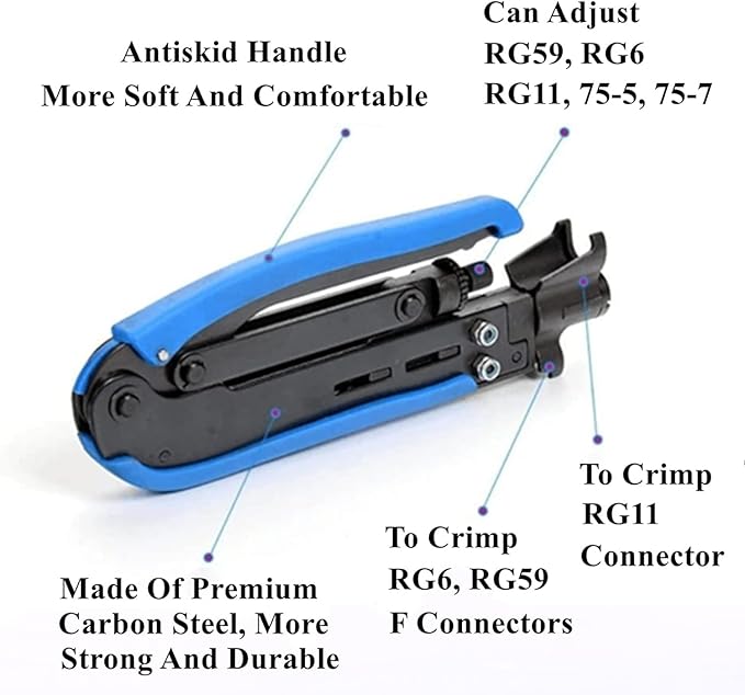 Coax Cable Crimper Tool Kit, Coaxial Compression Tool for rg6 rg59 rg11, Wire Stripper, 10pcs RG6 F Male and Female Connectors, Screwdriver