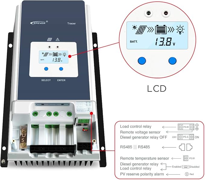 EPEVER 60A MPPT Solar Charge Controller 12V/24V/36V/48VDC Auto System Voltage Max.PV 150V Solar Panel Regulator with Backlight LCD Display(Tracer 6415 an)