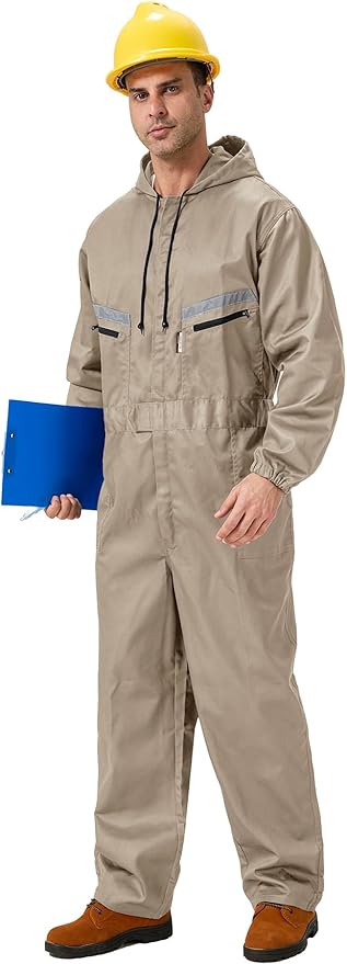 Mens Work Coveralls Mechanic Hooded Overall Workwear Jumpsuits Long Sleeve Hi Viz Coverall with Zippers