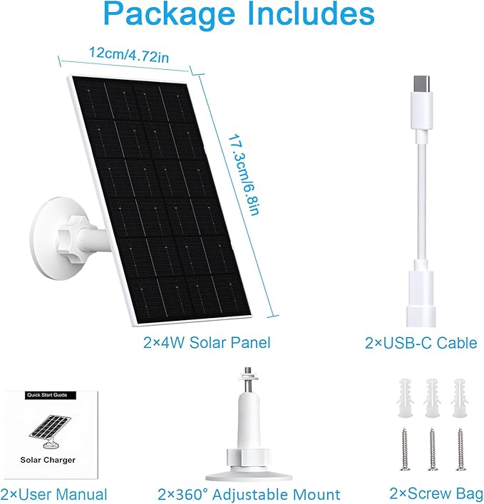 FUTUREZEN 4W Solar Panel for WYZE Cameras, USB-C & Micro USB Solar Charger, Compatible with WYZE Cam Pro, Outdoor Cam V1/V2, 9.8ft Cable, IP66 Waterproof, 360° Adjustable Mount (2 Pack)