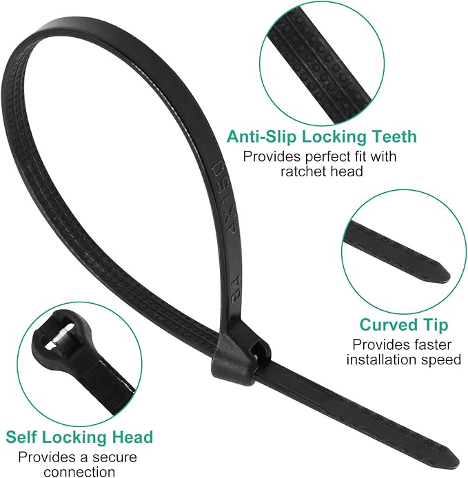 150pcs Push Mount Zip Ties 6 inch, Self Locking Straps Cable Zip Tie with Stainless Steel Metal Tooth Locking Device Heavy Duty Nylon Zip Tie Clips for (6", Black)