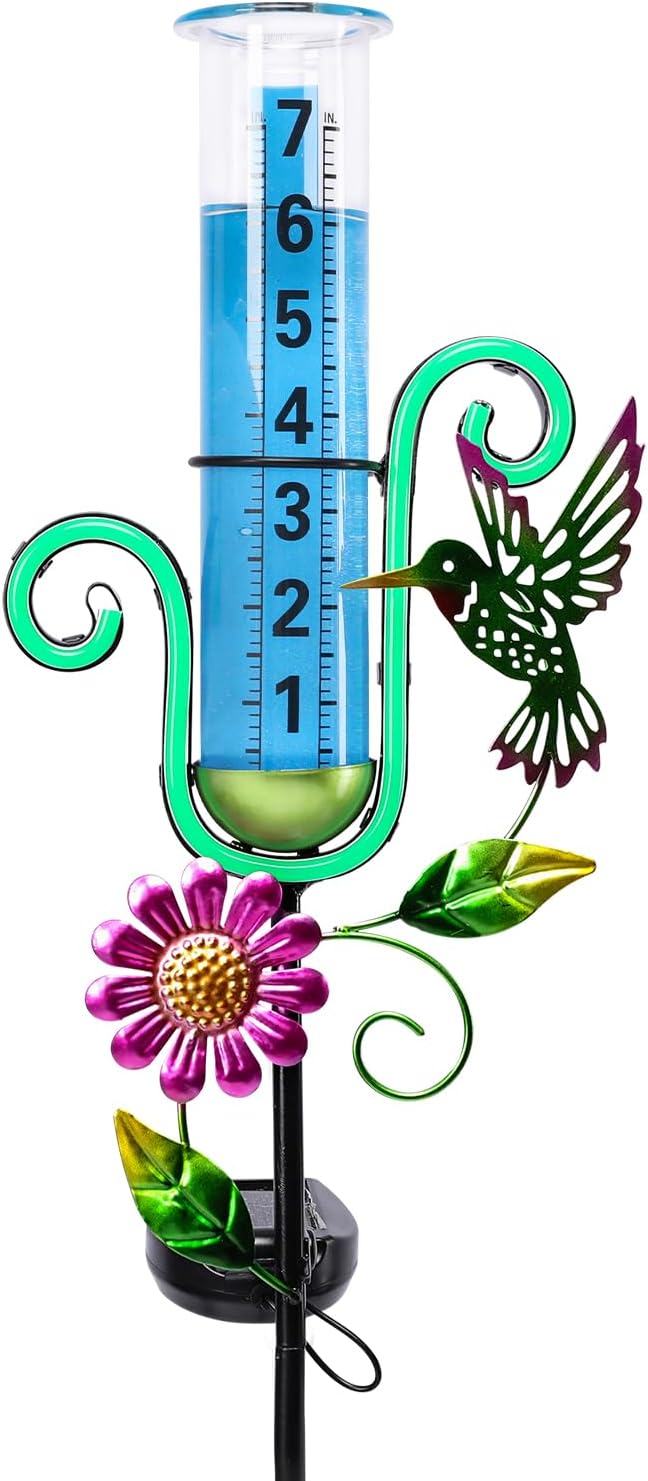 WONDER GARDEN Rain Gauge Outdoor,Hummingbird with Led Neon Lights Decorative Rain Gauge,Freeze Proof Solar Rain Gauges Outdoors Best Rated for Yard,Garden,Lawn Decor