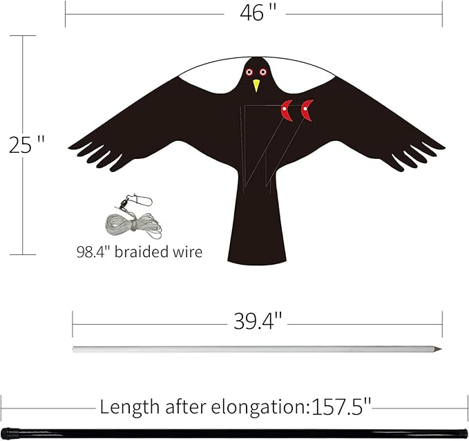 eyijklzo Bird Scarer Flying Kite Crops Farm Flying Bird Hawk Flying Kite with 4m Telescopic Pole, Black