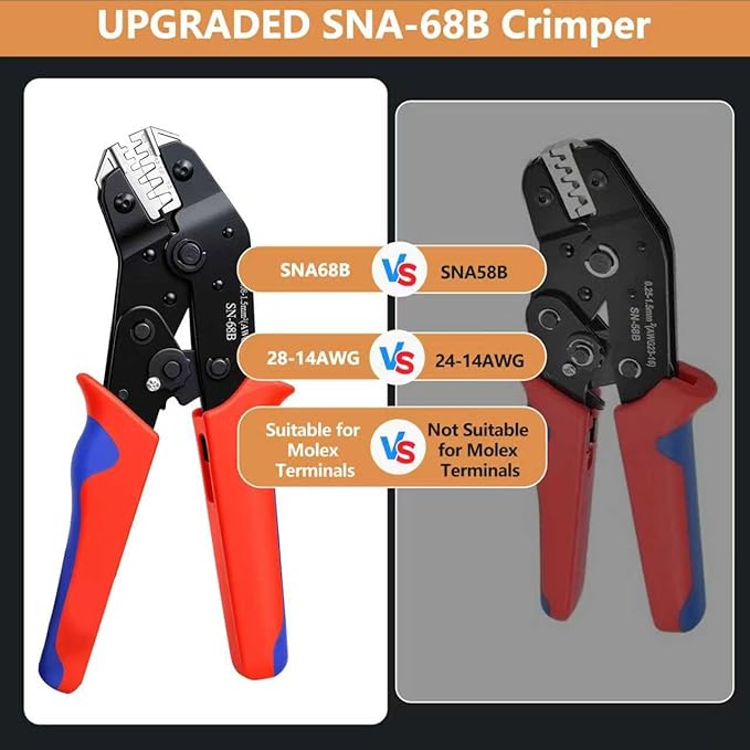 6 in 1 Wire Crimping Tool, Amliber AWG 28-16 Wire Crimper for Non-Insulated Open Barrel Terminal Connectors, Electrical Crimping Pliers for Molex Dupont JST Deutsch DELPHI AMP TYCO TE Terminals