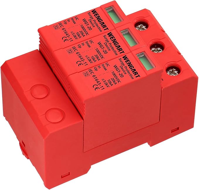 DC 1000V Surge Protective Device (SPD), 3-Pole 20kA Solar PV Lightning Arrester, Photovoltaic Surge Suppressor, DIN Rail Mount, Replaceable Modular Design, Red