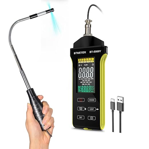 BTMETER Hot Wire Anemometer - CFM/CMM Digital Air Flow Meter, Wind Speed Meter Measure 0.2~67Mph, Thermal Anemometer with 360° Revolve Telescopic Probe for HVAC Duct Air Vent BT-5000Y