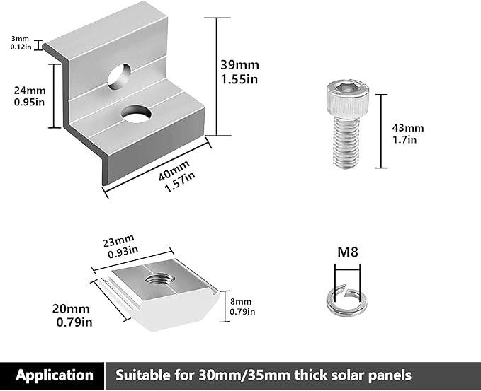 10pcs Solar Panel End Clamp for Standar, Aluminum 30mm/35mm Solar Panel Brackets, Solar Panel Mounting Kit for Metal Roof, Tin Roof, Flat Roof, Sheet Roof, Silver