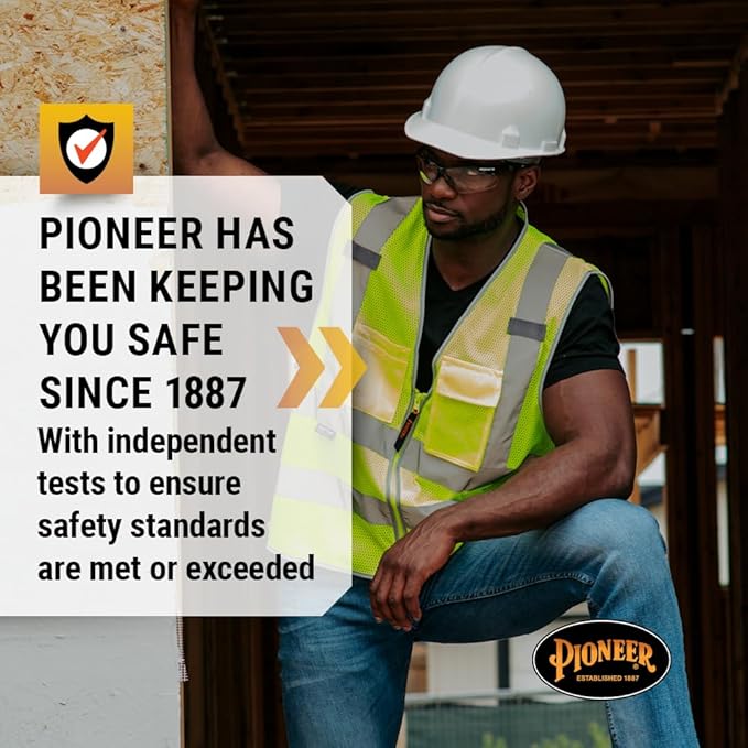 Pioneer Hi Vis Safety Vest for Men & Women - Reflective Cooling Mesh - 8 Pockets - Class 2 - Construction, Traffic, Security