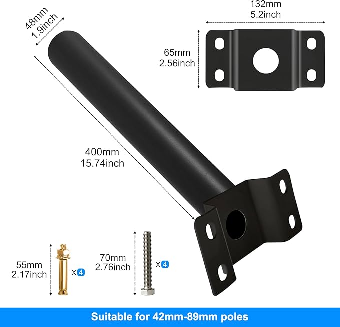 Light Pole Mount Bracket, 1.9 in Thickened Solar Street Light Arm Outdoor Heavy Duty Metal Pole Kit Led Lamp Post Extension Fixture Sturdy Steel Endurance Arm Fit Flood Fog Spot Lighting (48mm 1Pcs)