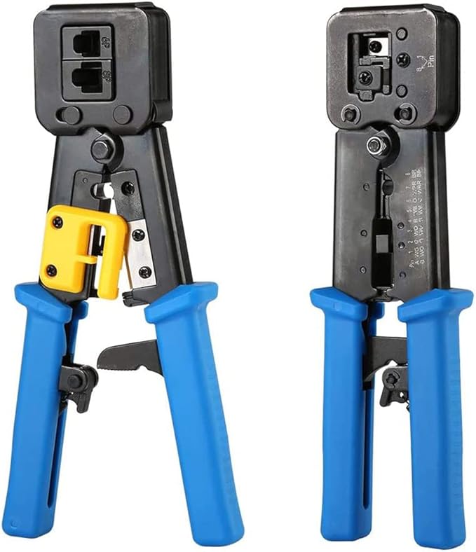 RJ45 Crimping Tool Ethernet Crimper for Cat6 Cat5 Cat5e RJ45 Pass Through Connectors and R11/RJ12 Regular Ends with 50Pcs Connectors, 50Pcs Covers and Mini Wire Stripper