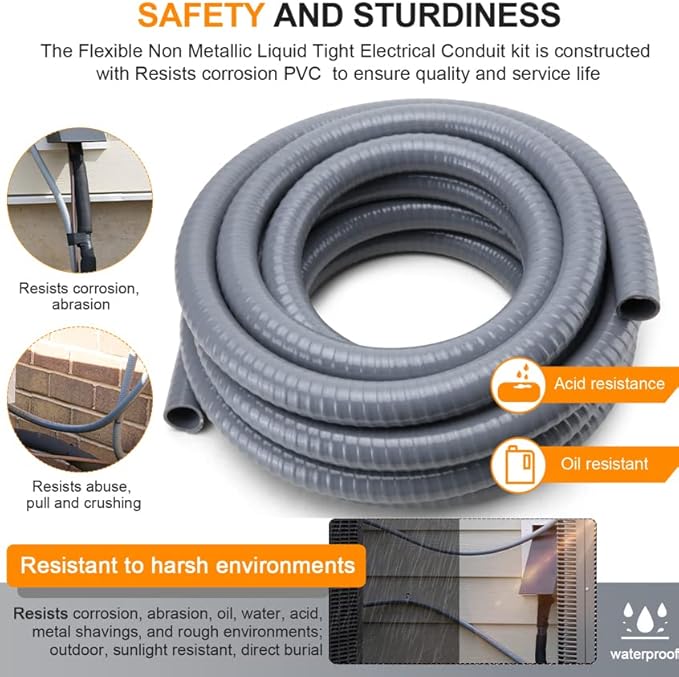 DWALE Liquid-Tight Conduit and Connector Kit,Flexible Non Metallic Liquid Tight Electrical Conduit,3/4inch 100ft Electrical Conduit Kit,with 5 Straight and 3 Angle Fittings Included,3/4 in. Dia