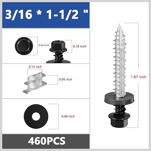# 3/16 * 1-1/2" 460PCS 5lbs Black Hexagonal Metal Sheet roof Screws, #10 * 1-1/2 with EPDM washers and Hexagonal self Tapping, Used for Metal to Wood, Corrugated Roofs.5 * 38mm