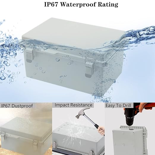 Zulkit Junction Box ABS Plastic Dustproof Waterproof IP67 Electrical Boxes Hinged Shell Outdoor Universal Project Enclosure Grey, Stainless Steel Buckles 11.4 x7.5 x 5.5 Inch