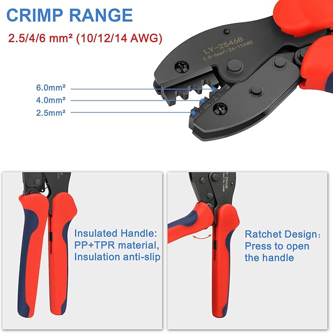Solar Crimping Tool Kit for 2.5/4/6mm²/10-14AWG, with 12 Pairs Male Female Solar Panel Cable Connectors, 2 PCS Spanner Wrench