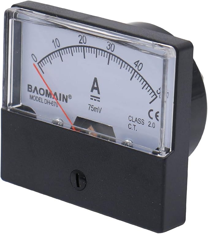 BAOMAIN DH-670 DC 0-50A Analog Amp Panel Meter Current Ammeter with 50A 75mV Shunt Resistor, Class 2.0 Accuracy, Mechanical Pointer Gauge for Battery Charging & Solar Systems