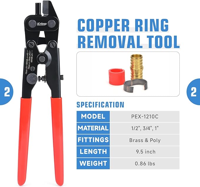 iCrimp KIT-FACL PEX Crimping Tool Kit for Crimping & Removal 1/2-in, 3/4-in, 1-in PEX Copper Crimp Ring, with PEX Tubing Cutter, Corner Operation Friendly