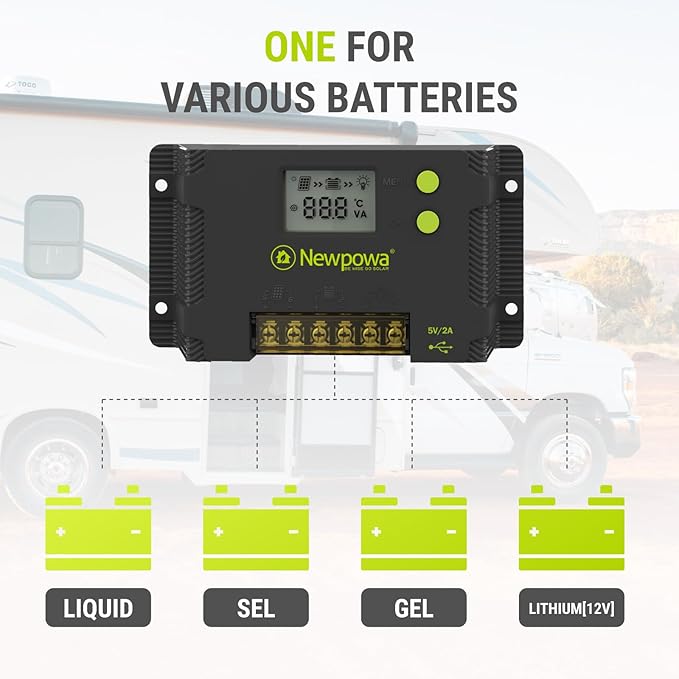 Newpowa 10A PWM Solar Charge Controller 12V/24V LCD Display Off Grid Solar Panel Adjustable for Gel, AGM, Liquid, Lithium Battery