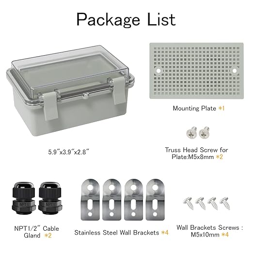Junction Box IP65 Waterproof ABS Plastic Enclosure Hinged PC Clear Cover Electrical Project Box with Mounting Plate, Wall Brackets, Cable Glands 5.9" x 3.9" x 2.8"(150 * 100 * 70)