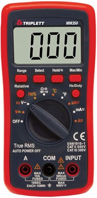 Triplett MM350 True RMS 4000 Count Manual Ranging Digital Multimeter with Certificate of Calibration to NIST - AC/DC Voltage, AC/DC Current, Resistance, Temperature, Diode, Continuity