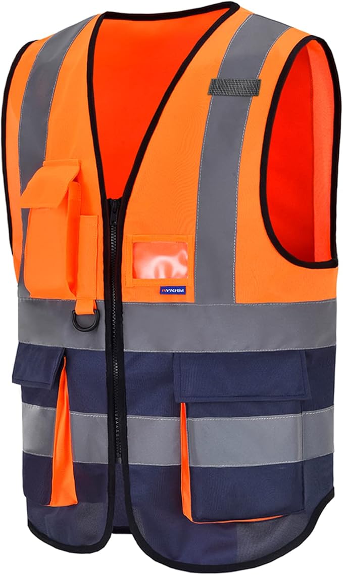 A-SAFETY High visibility vest,Reflective Safety Vest Workwear 7 Pockets Hi Vis Durable Vest with Reflective Tapes 4 Lower Pockets,Orange&Navy XL