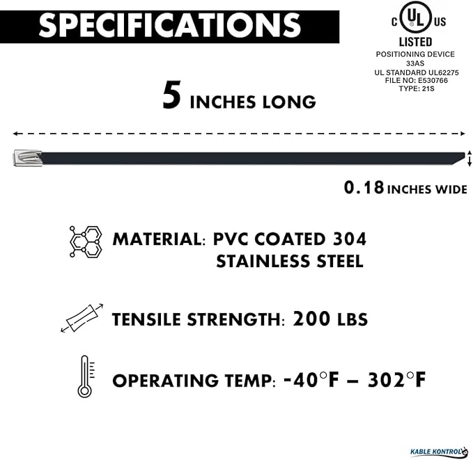 Kable Kontrol Black Metal Zip Ties Bulk Pack - 5" Inch Long 5000 Pcs, 200 Lbs Tensile Strength, Polyester Coated 304 Stainless Steel Cable Ties UV & Chemical Resistance, for Indoor & Outdoor Use