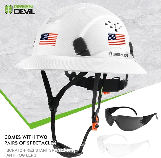 GREEN DEVIL Full Brim Hard Hat Vented Construction Safety Helmet OSHA Approved Cascos De Construccion ABS Work Hardhat for Men&Women 6 Point Adjustable Ratchet Suspension Custom Pattern Design