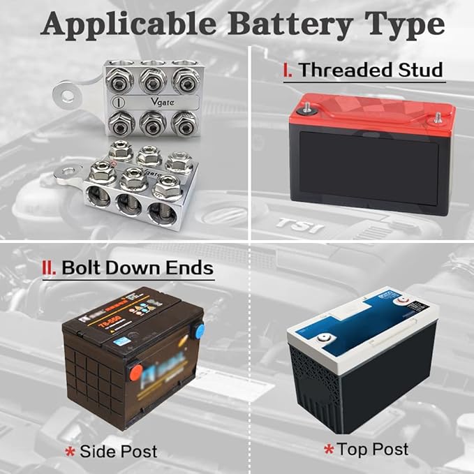 Vgate 12-Way Post Terminal Distribution Block Bus Bar, 8AWG up to 4/0(XL) AWG Gauge, for Lithium or AGM Lead Acid Battery with Bolt Down Ends or Threaded Studs, M8 or 5/16”-18