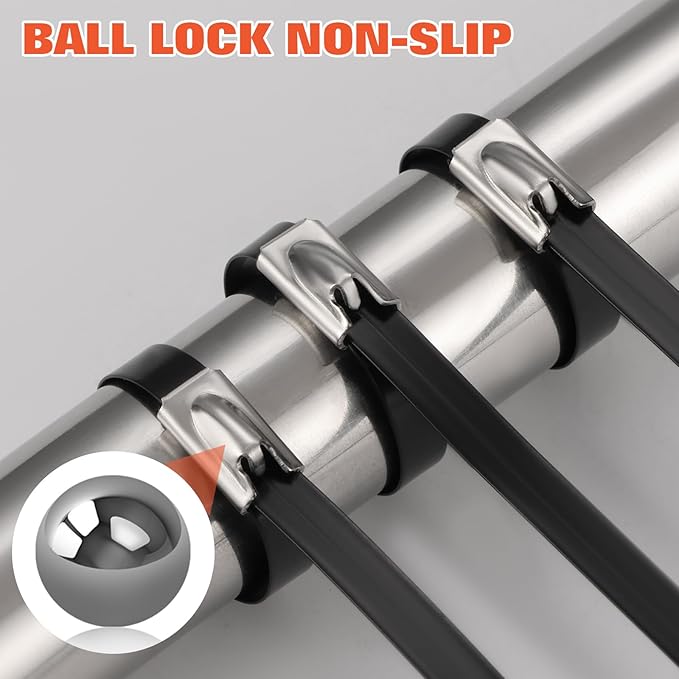 Black Metal Zip Ties Heavy Duty 11.8 inch for Outdoor Use, Stainless Steel Epoxy Coated Cable Chain Link Fence Zip Ties, Durable Metal Wire Ties Strap UV Resistant