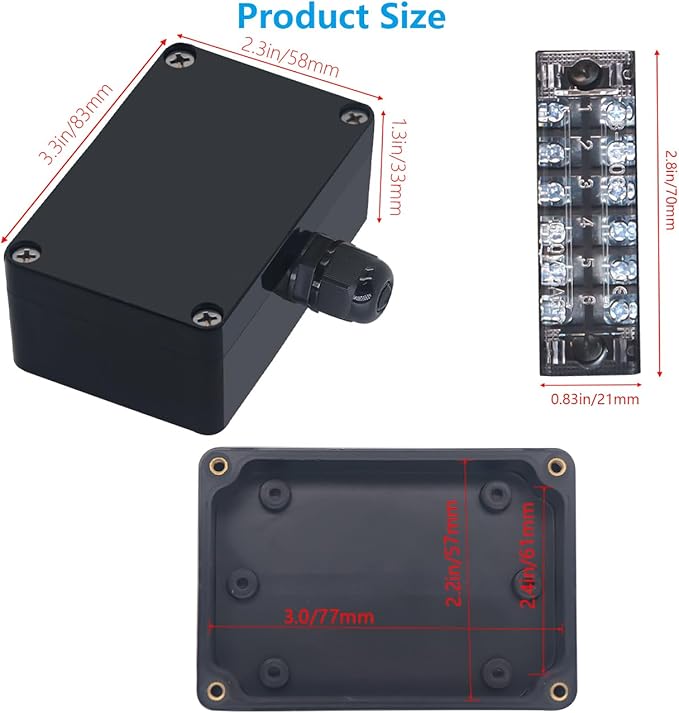 Project BoxI P67 Outdoor Waterproof Box Electronic Junction Box with 15A 600V Barrier Terminal 1IN/1Out Electrical Boxes Black with Fixed Ear 3.3x2.3x1.3 inch