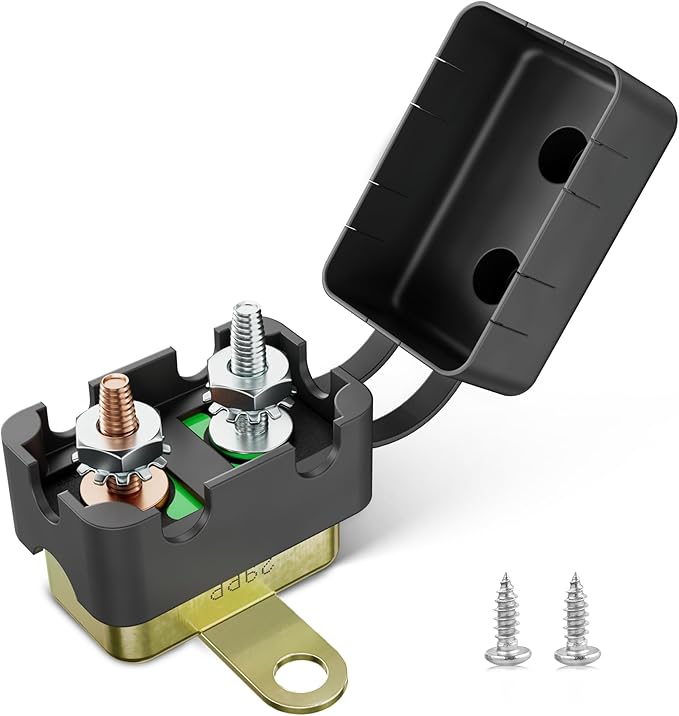 RED WOLF (30A 1PCS) DC 6V-50V Automatic Reset Circuit Breaker #10-32 Stud Bolt Type Circuit Breaker with Metal Fuse Housing Pre-Trimmed Cover Reusable for Boat Marine Trolling Motor RV Battery System