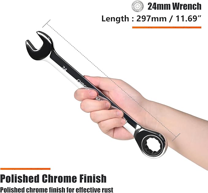 Egofine 24mm Ratcheting Combination Wrench Metric, Industrial Grade Gear Spanner with 12-Point Design, 72-Tooth Ratchet, Chrome Vanadium Steel